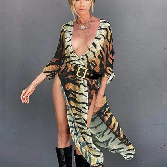 SALE! Last One New Tiger Print Sheer Swim Cover Up Kimono Duster Robe Cardigan - Picture 2 of 13